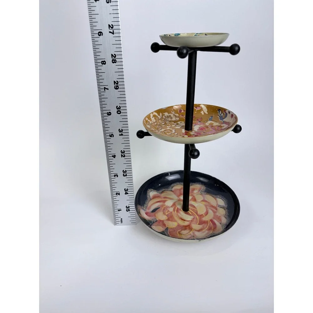 Floral Jewelry Stand 3 Tier Metal Trinket Dish Black Gold Pink